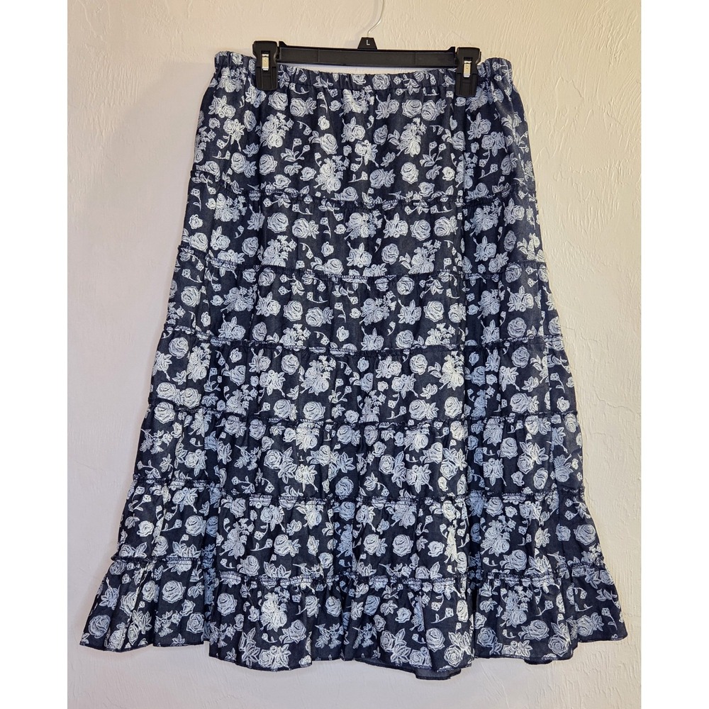 Metrowear Large Navy Tiered Floral Ruffle Midi Skirt Country Boho Cottage Hippie